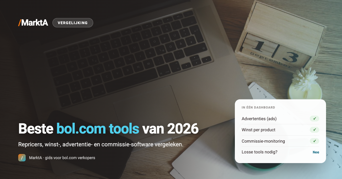 Opgeruimd bureau met laptop en koffie — overzicht van de beste bol.com tools van 2026