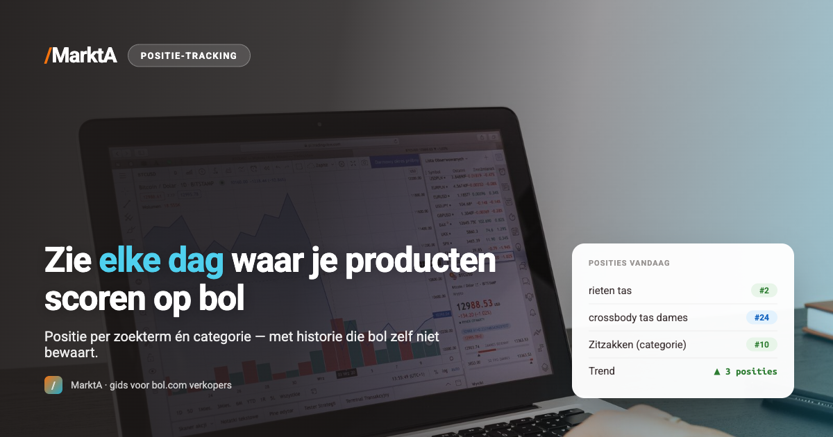 Dashboard met dagelijkse bol.com posities per zoekterm — positie-tracking voor bol verkopers