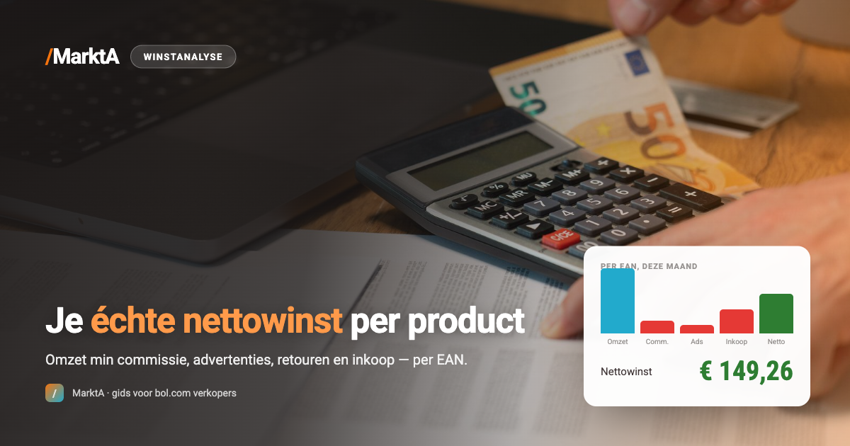 Winst-en-verliesoverzicht per product met omzet, commissie, advertentiekosten en nettowinst