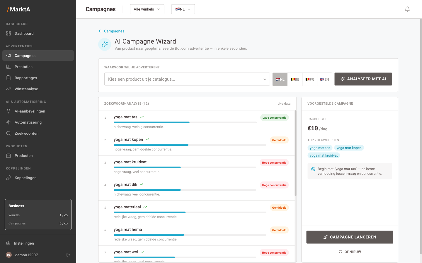 AI Campagnewizard met zoekwoord-analyse en campagnevoorstel